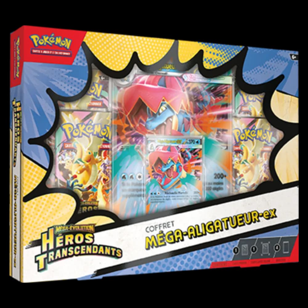 Coffret Pokémon ME2.5 Héros Transcendants Méga-Aligatueur-ex avec ses cartes promo