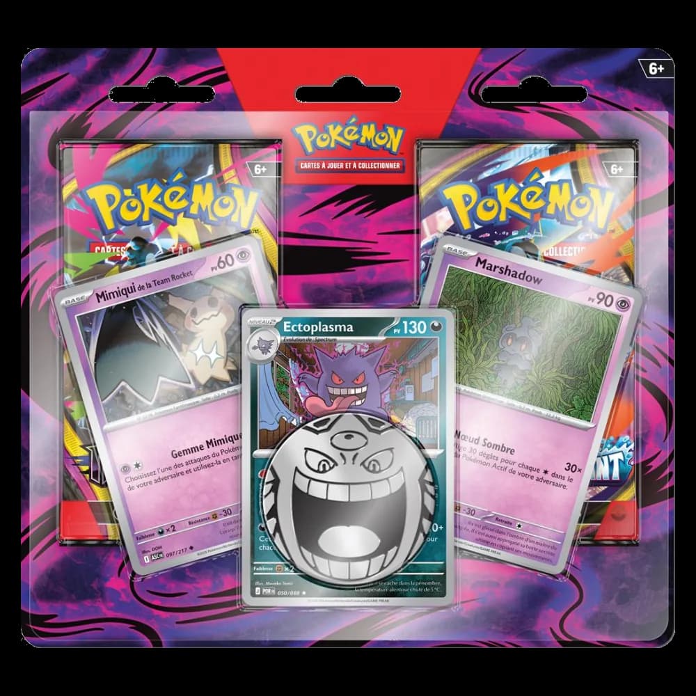 Duopack Pokémon octobre 2026 avec les cartes brillantes Ectoplasma, Marshadow et Mimiqui de la Team Rocket
