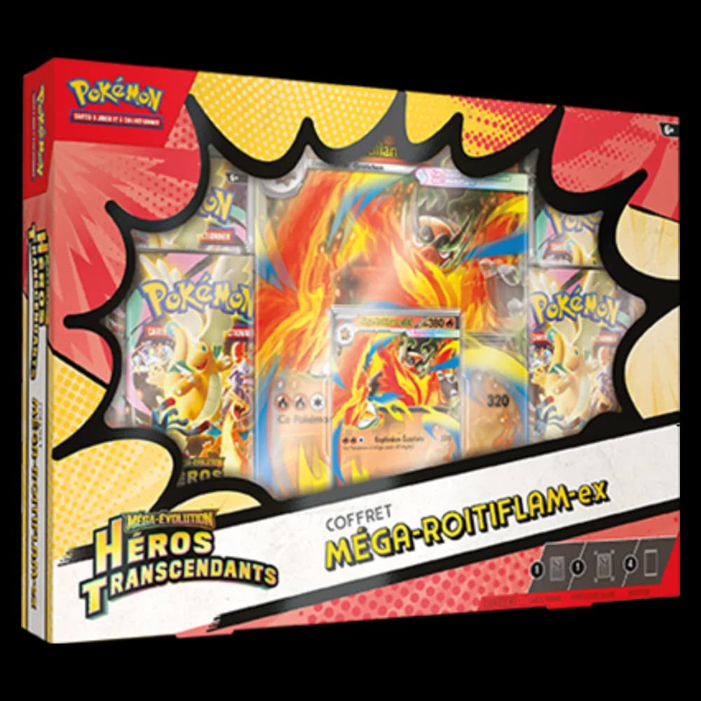 Coffret Pokémon ME2.5 Héros Transcendants Méga-Roitiflam-ex avec ses cartes promo