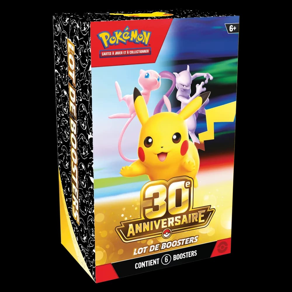 Bundle 6 boosters Pokémon 30e Anniversaire, boîte française avec Pikachu, Mew et Mewtwo