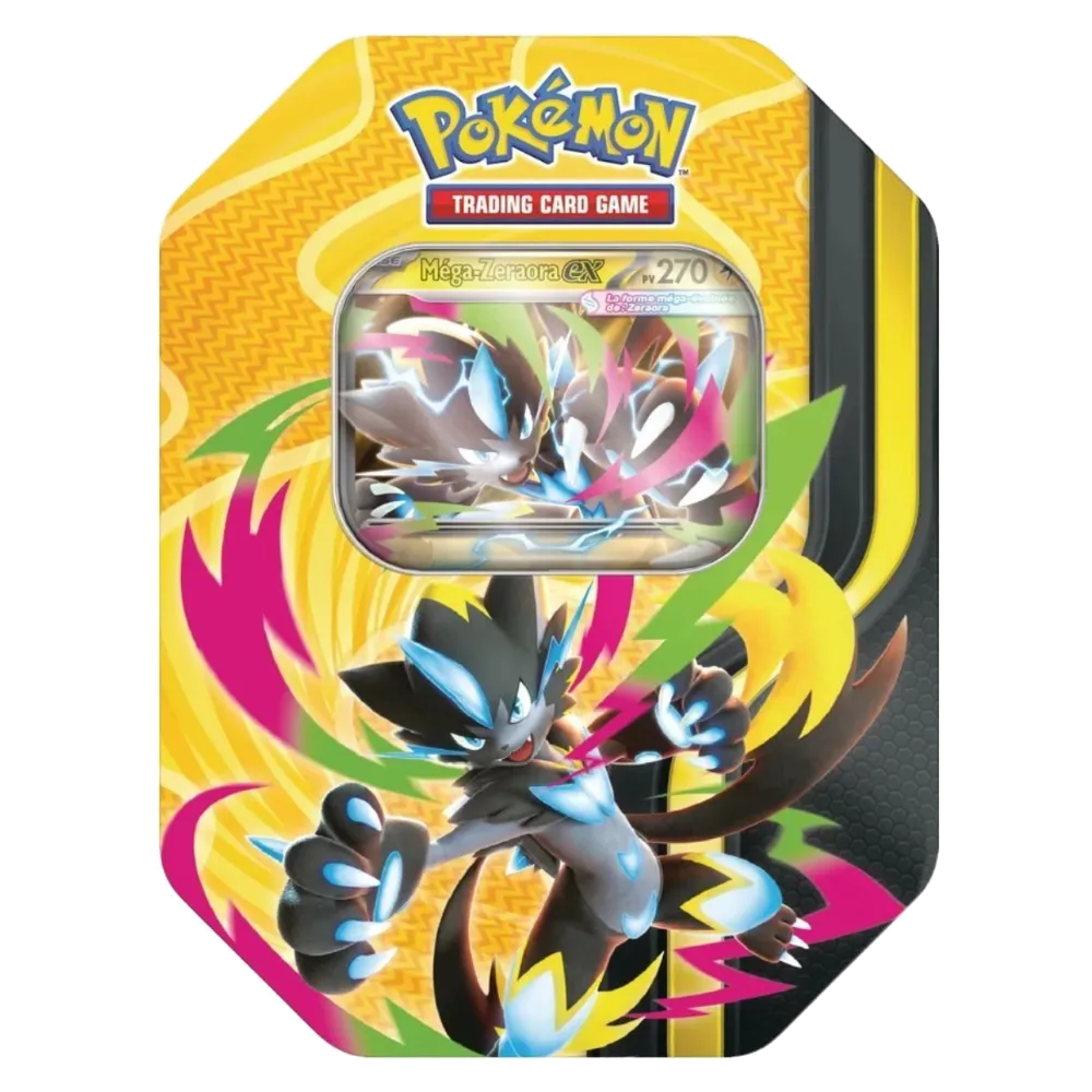Pokébox Méga-Zeraora-ex Méga Puissances Q3 2026, boîte métallique Pokémon