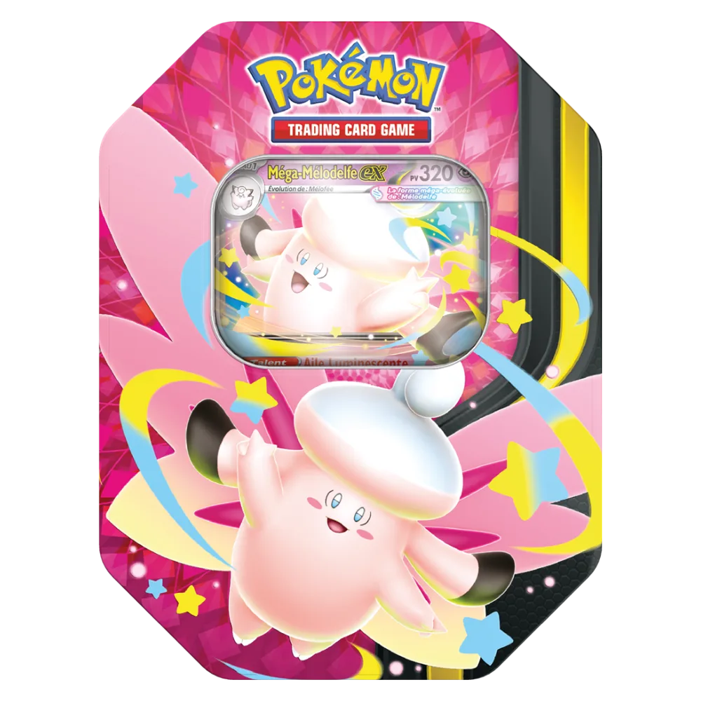 Pokébox Méga-Mélodelfe-ex Q2 2026, boîte métallique rose Pokémon