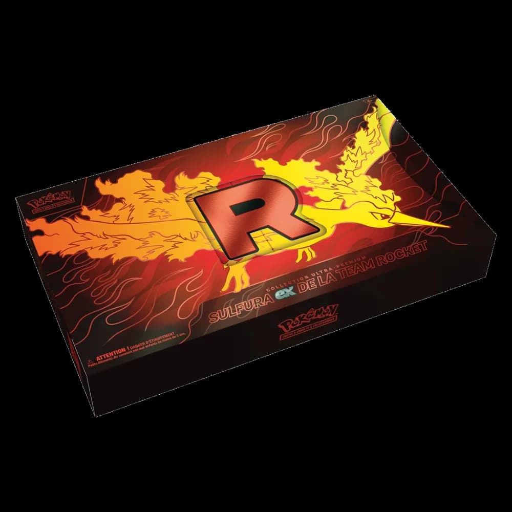 Coffret Ultra Premium Pokémon Sulfura-ex de la Team Rocket avec ses cartes promo