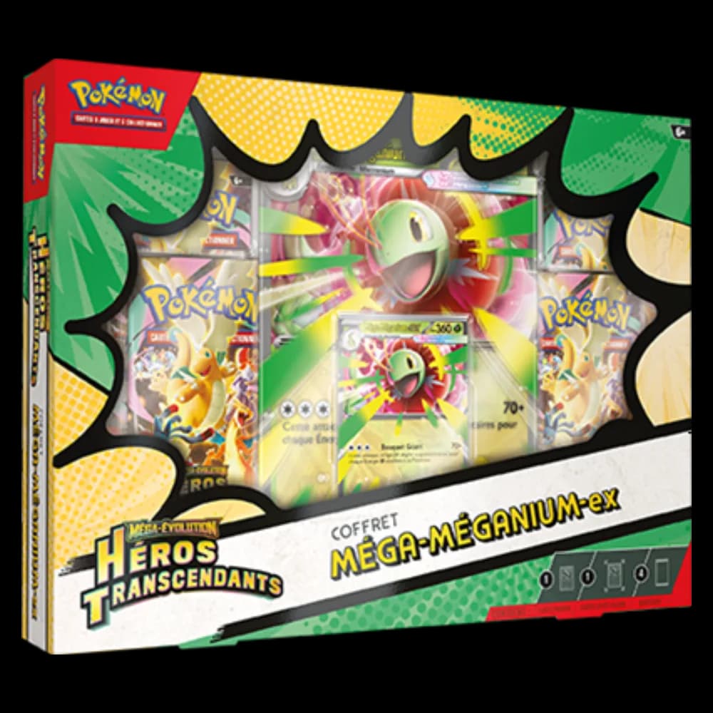 Coffret Pokémon ME2.5 Héros Transcendants Méga-Méganium-ex avec ses cartes promo